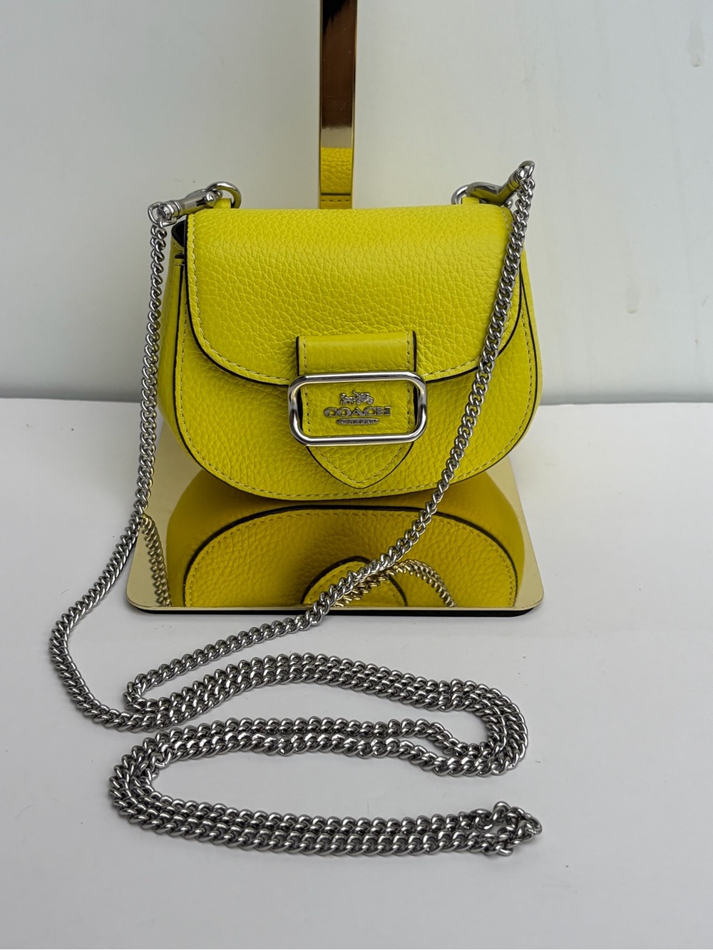 Coach Mini Morgan Saddle Crossbody Bag Neon Yellow Silver Chain Strap Purse - Picture 2 of 8